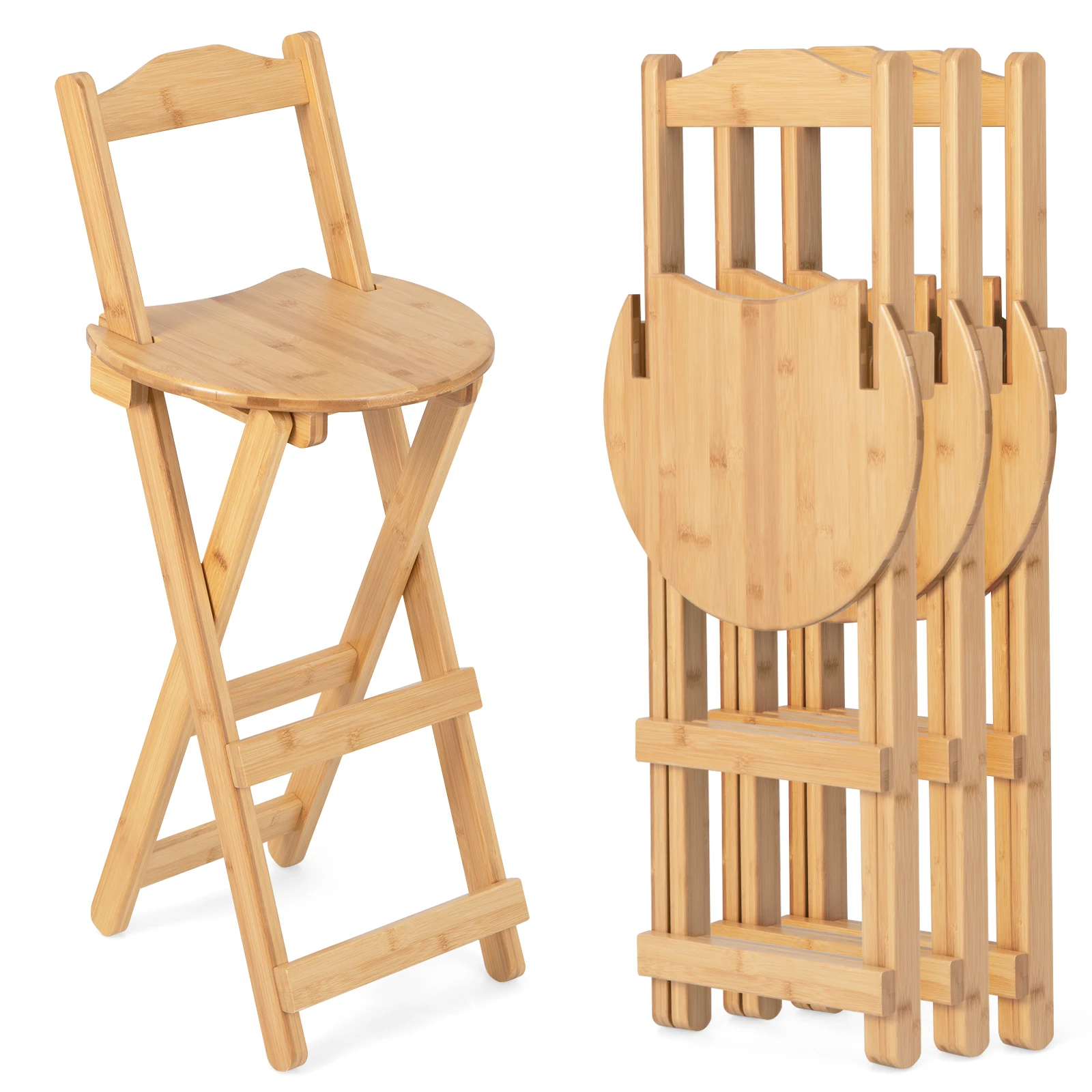 Set of 4 Bamboo Folding Barstools Counter Height Dining Chairs Installation Free