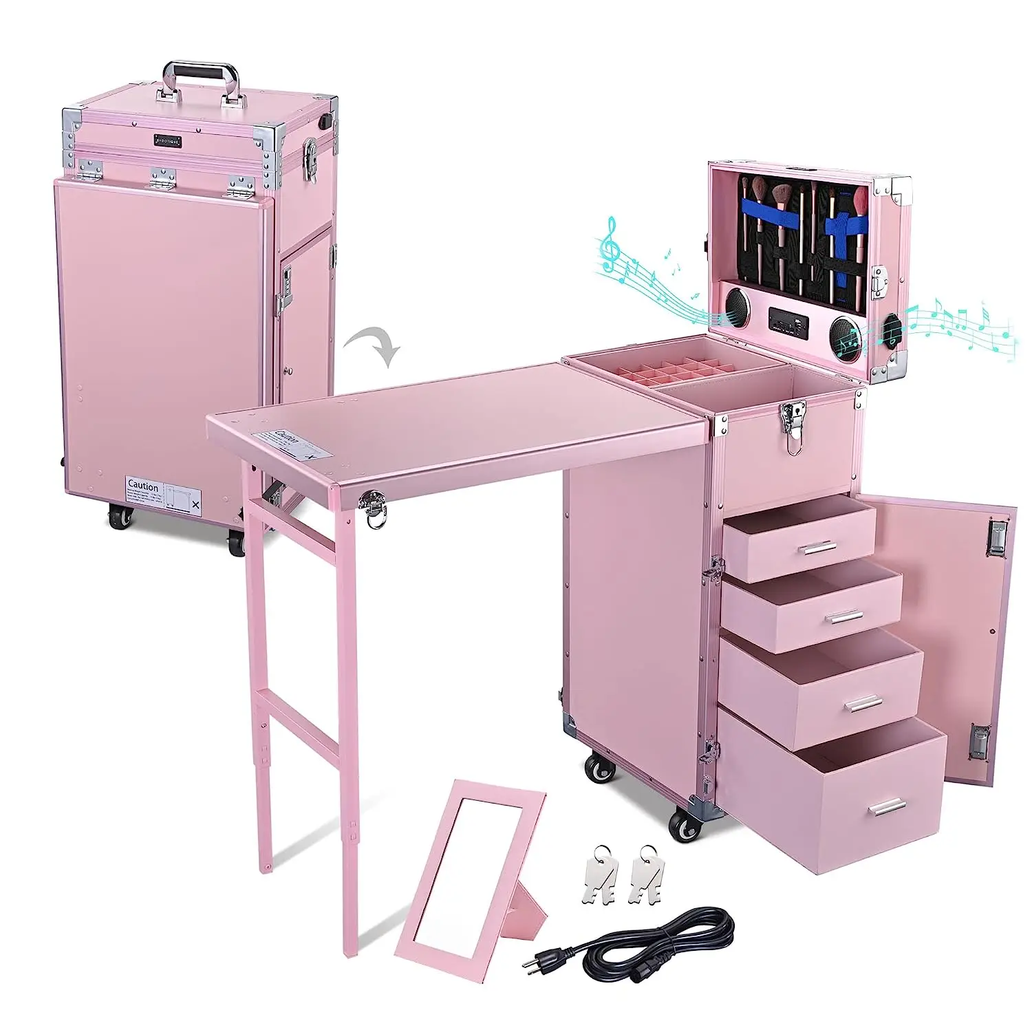 Rolling Manicure Table Foldable Nail Table Makeup Train Case Trolley Travel Storage Organizer with 4 Drawers Mirror & Speaker