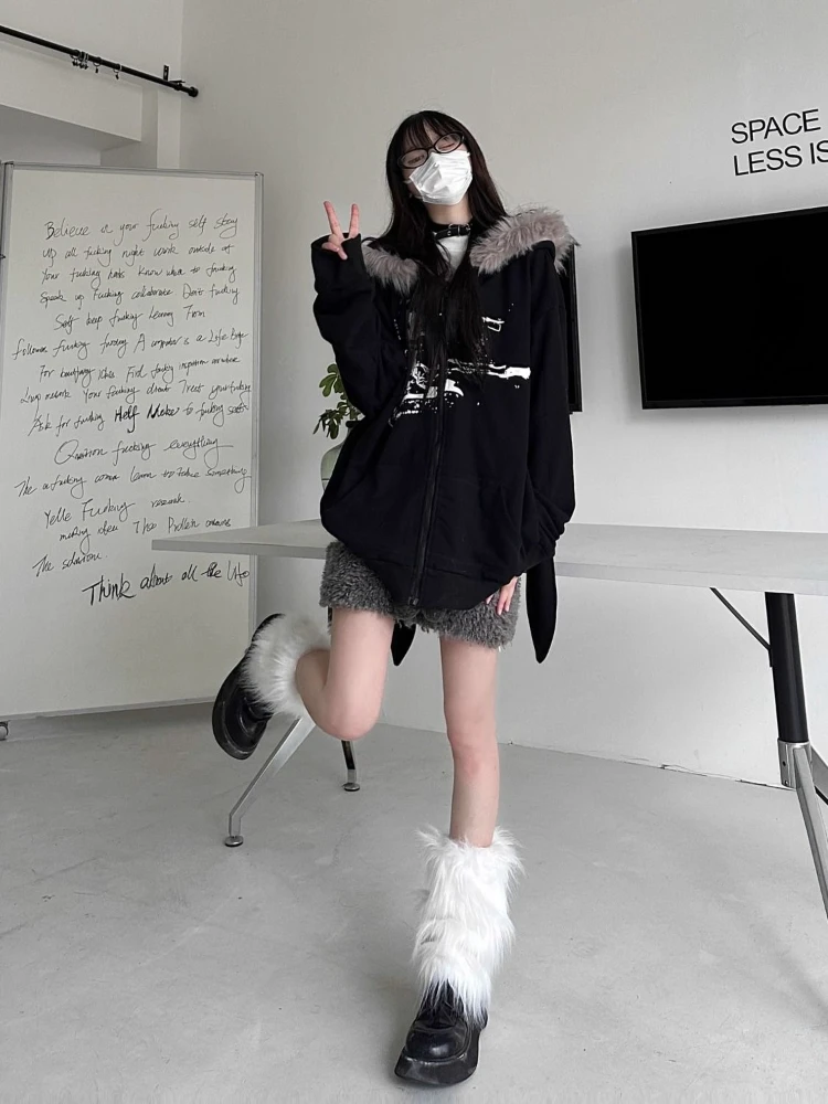 

Y2k толстовка с длинными рукавами в американском стиле ретро, женская повседневная готическая японская толстовка с искусственным воротником, винтажная осень 2023 г.