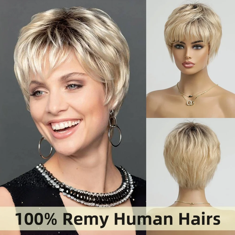 

Short Straight Human Hair Wig Blonde Ombre Pixie Cut Human Hair for Black Women Brazilian Wig Daily Party Machine Made Cheap Wig