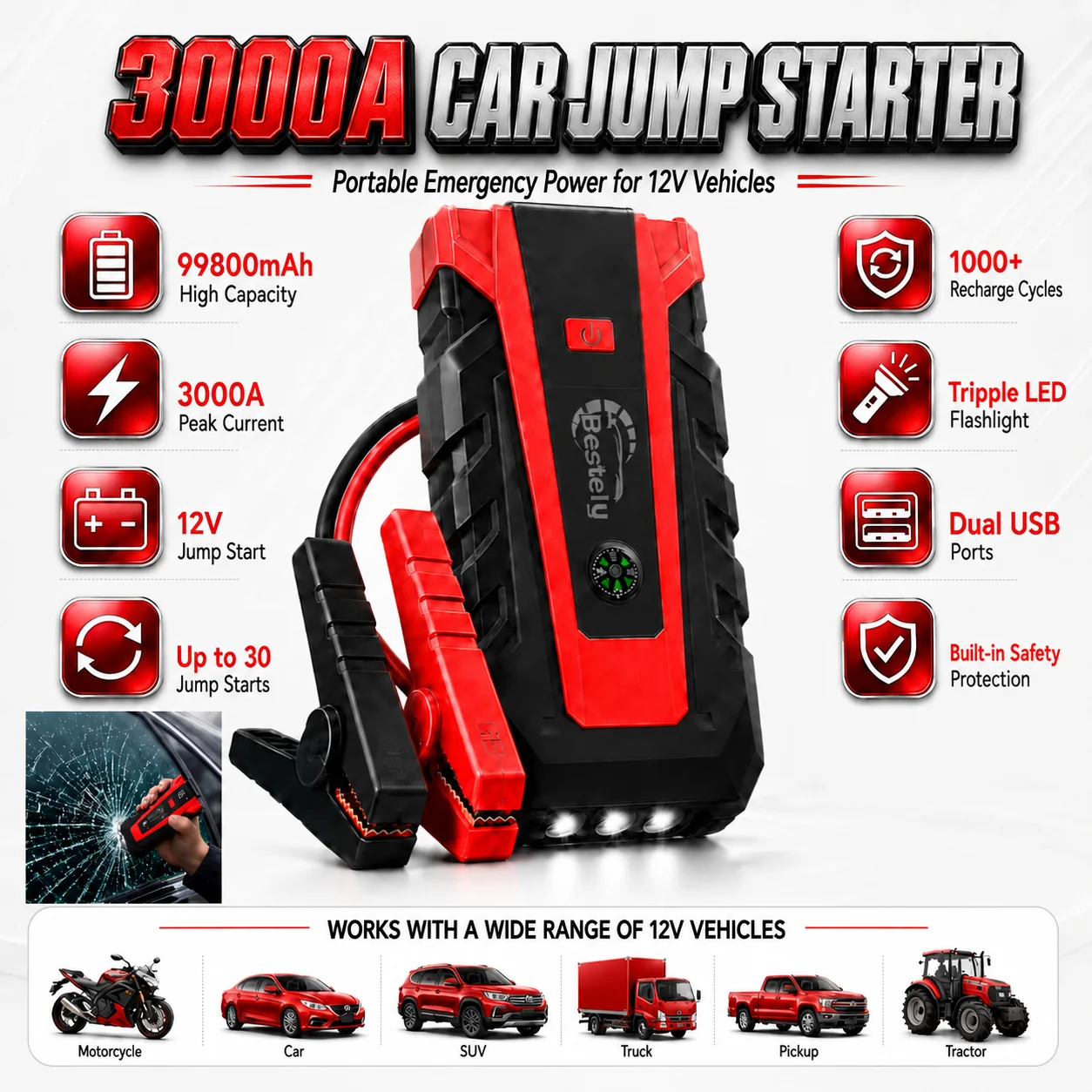 12V Car Battery Jump Starter 99800mAh 3000A Portable Charger Car Booster Auto Starting Device Emergency Starter Fast Charging