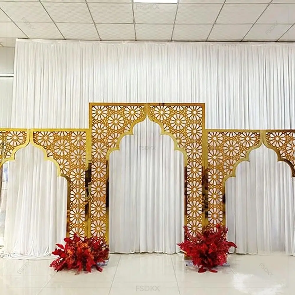 

FSDKX Custom Wedding Carved Arch Stand Indian Style Wedding Event Stage Decor Gold Stainless Steel Backdrop Frame