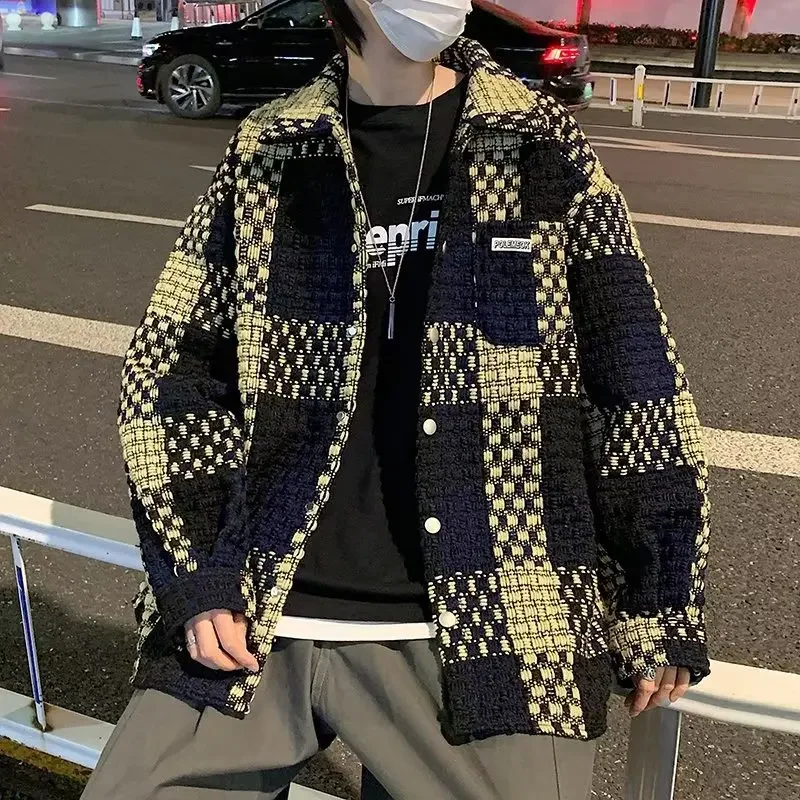 Instrendy Brand Tweed Style Plaid Jacket Men's Spring Autumn Streetwise Design Sensibility Japanese Vintage Loose-fit Jacket