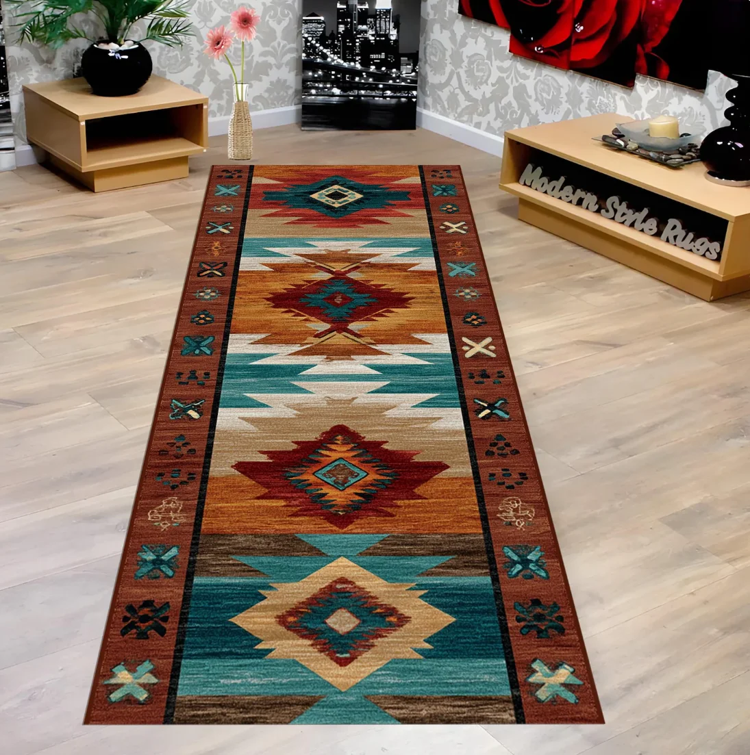 Langer Läuferteppich mit ethnischen geometrischen Streifen, Bohemian-Stil, Matte, rutschfest, langlebig, verschleißfest, für Flur, Wohnzimmer, Heimdekoration