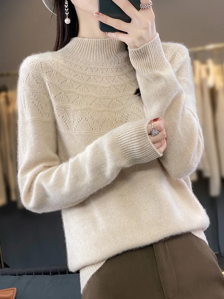 

Loose Knitted Wool Sweater Women's Pullover Hollow out Slim Fit f High Collar ort Sle Autumn Winter Base irt