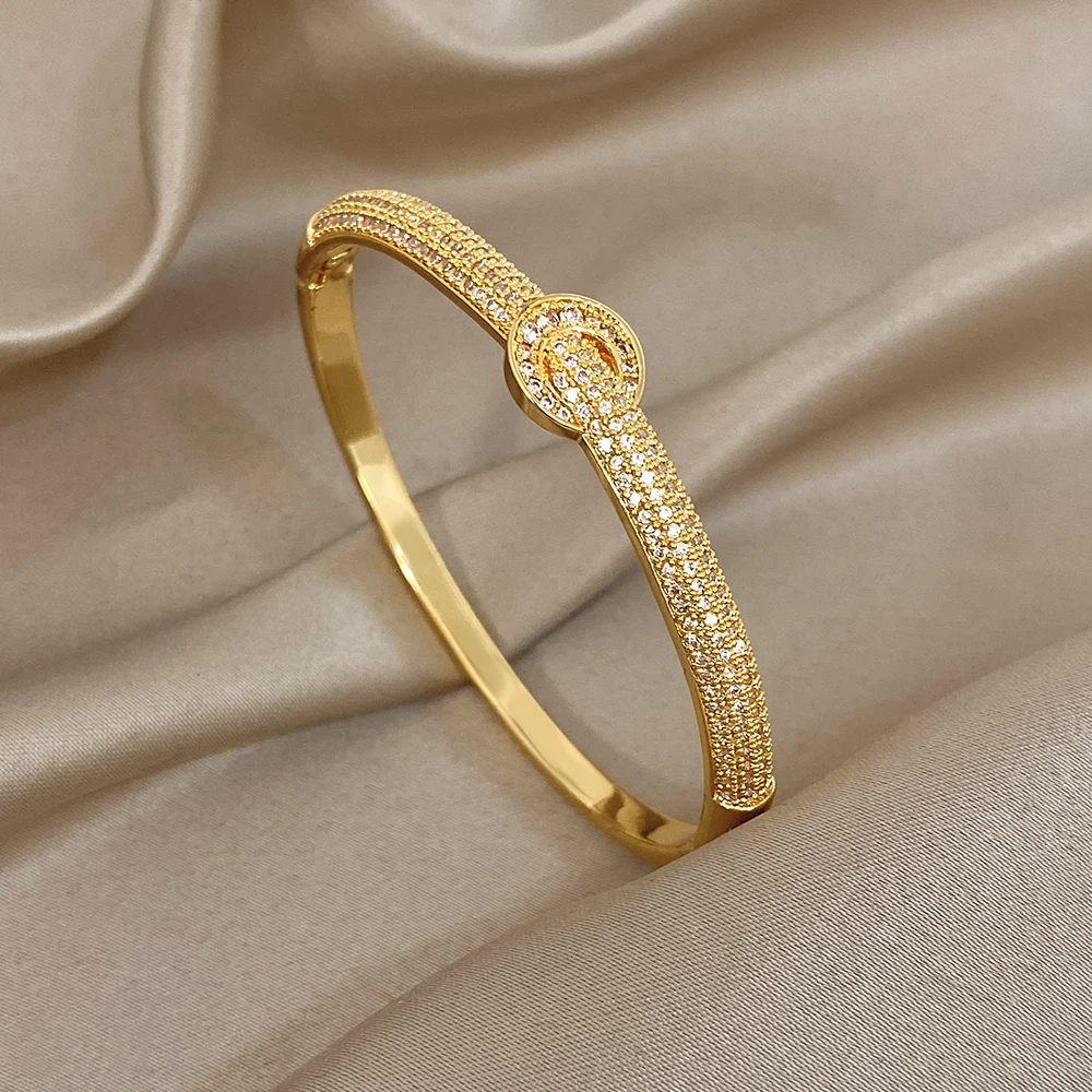 

DODOHAO Luxury Sparkling Rhinestone Round Bangle Bracelet Women Elegant Gold Color Geometric Cuff Spring Bangle Jewelry Gifts