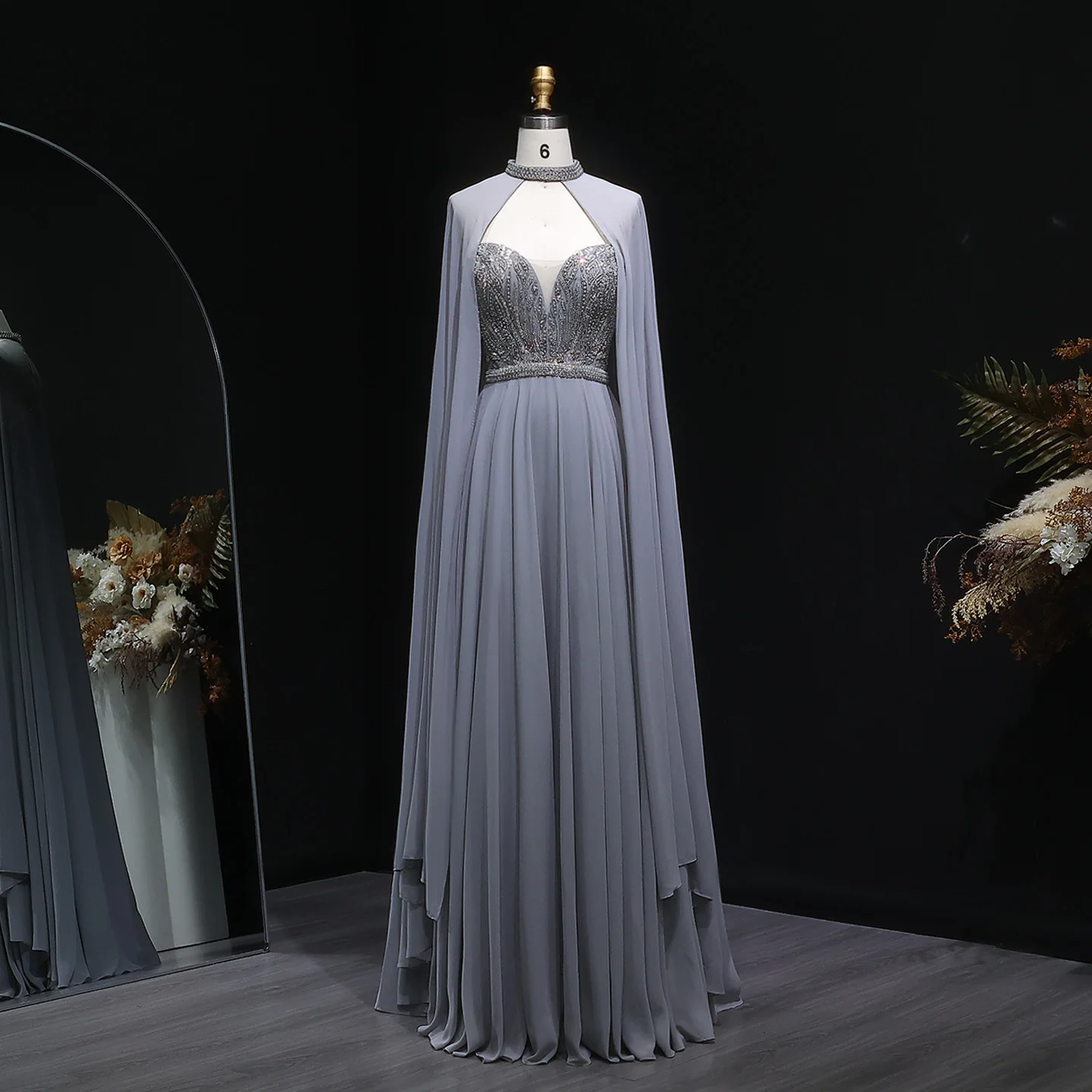

Sharon Said Arabic Long Gray Evening Dresses with Cape Elegant Sweetheart Beaded Women Wedding Party Gowns SF330 Customized