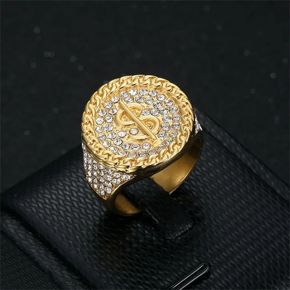 Hip Hop glacé Bling Dollar signes anneau mâle couleur or acier inoxydable rappeur grand rond argent anneaux pour hommes fête bijoux cadeau