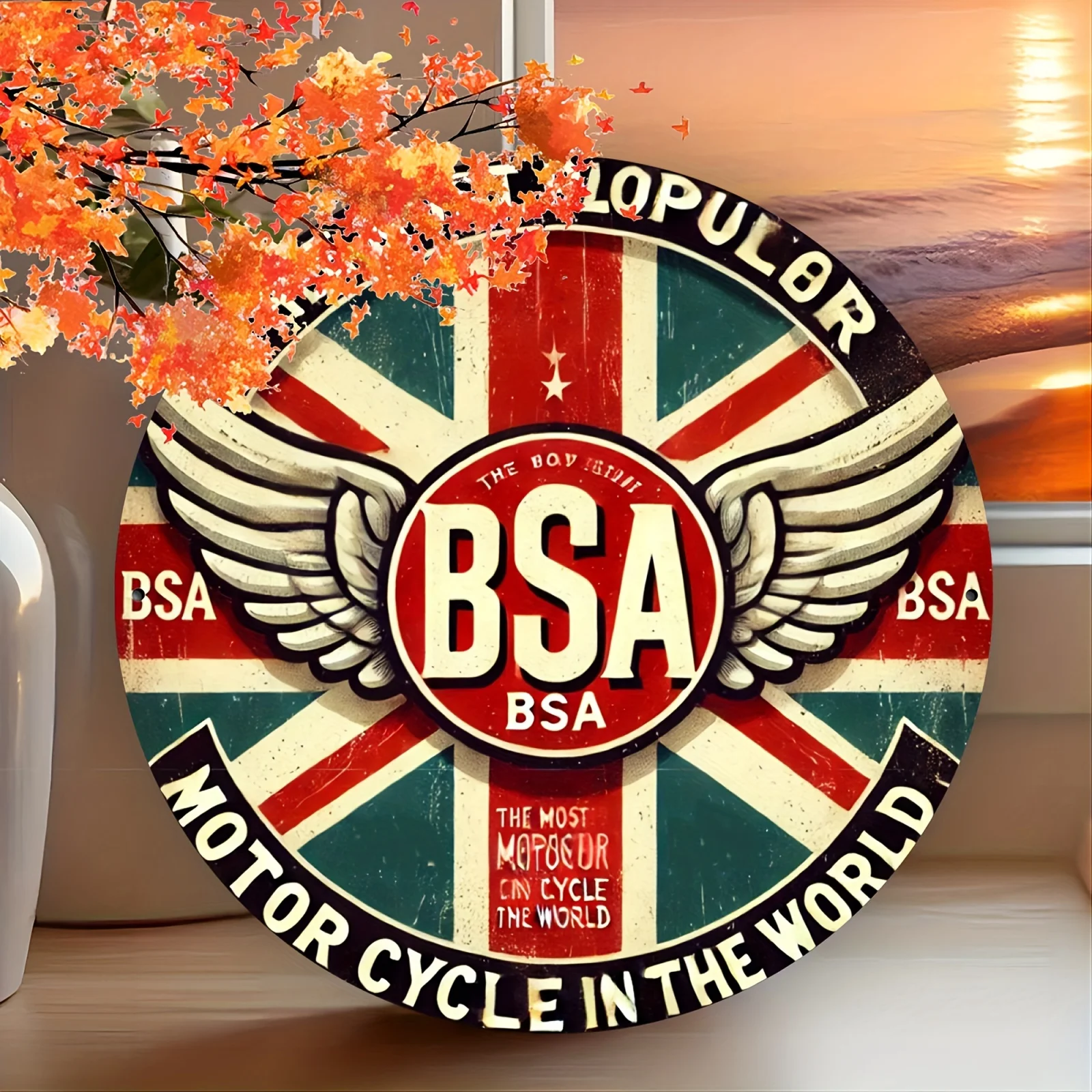 1 Stück Vintage BSA Motorrad 8x8" Rundes Metallschild - „Das beliebteste Motorrad der Welt“ mit Union Jack & Wings Design, Du