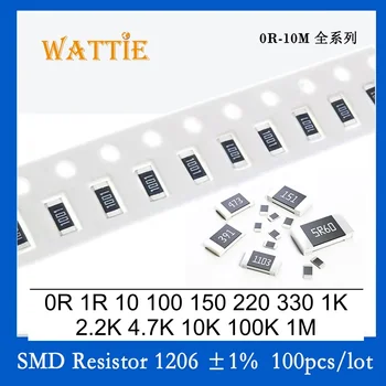100 sztuk/partia 1% 1206 rezystor SMD 0R ~ 10M 1/16W 0R 1R 10R 100R 150R 220R 330R 1K 2.2K 4.7K 10K 100K 1M