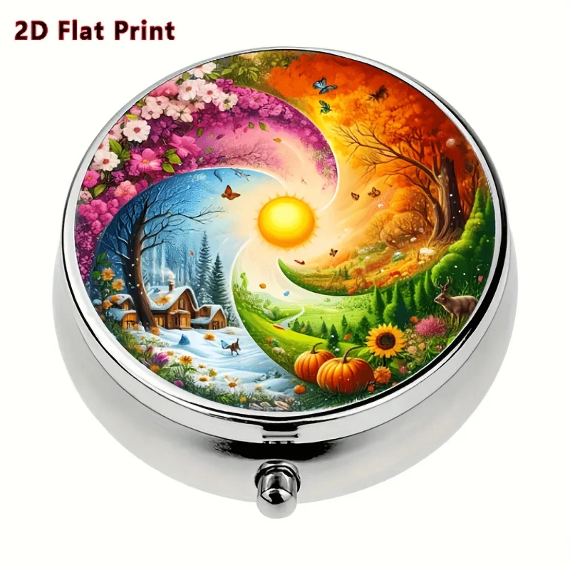 Single pack, flat, round three-compartment box, designed with a yin-yang tai chi circular pattern, portable travel case, brightly colored and artistic, very suitable for outdoor travel and office medication reminders