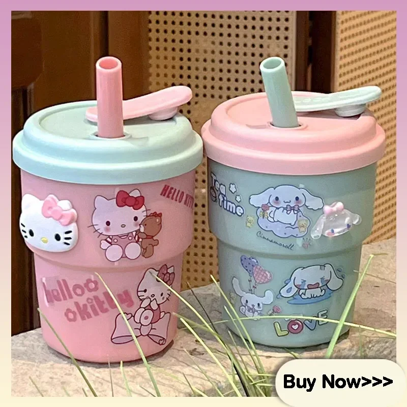 Taza con pajita de Hello Kitty de 420ml, gran capacidad, Color dopamina a juego, trabajador de oficina, nuevo Ins, pegatina bonita, taza de café y leche portátil