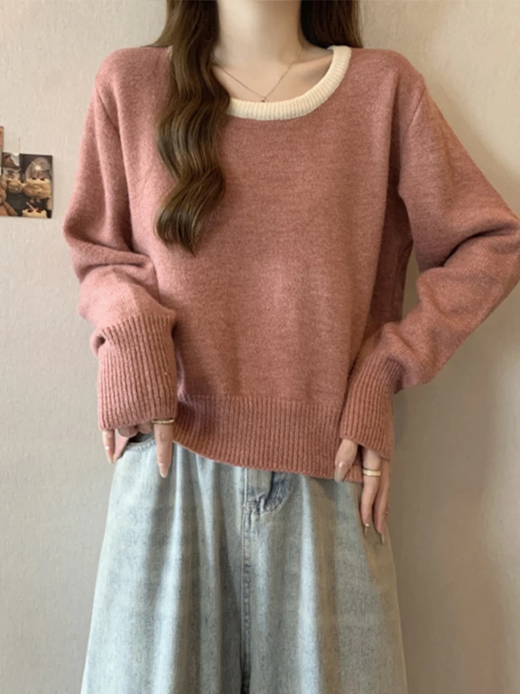 

Модные простые свитера большого размера контрастного цвета с круглым вырезом и длинными рукавами, короткие пуловеры, осень-зима, универсальная женская одежда 2024,