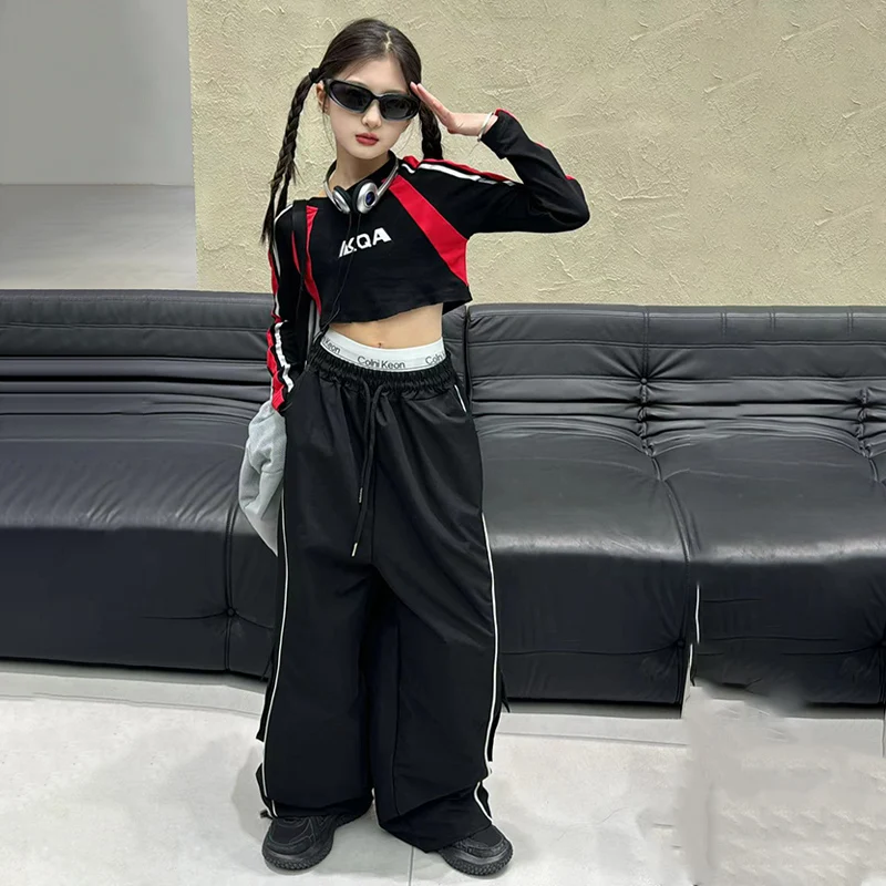 Motorcycle Style Kids Girl Set 2024 New Color Contrast Long Sleeve T-shirt&Casual Pants Jazz Street dancer Garment Cool Girl Set