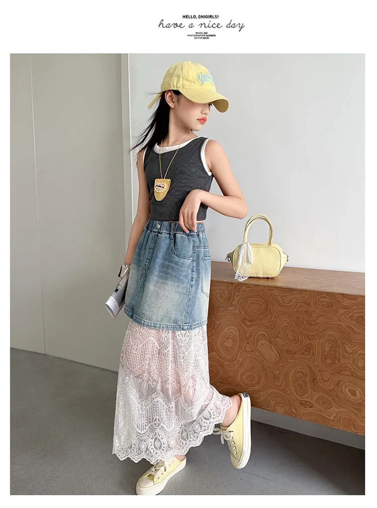 Mädchenrock Sommer 2026 Denim Spitze Patchwork Elastische Hohe Taille Midi-Rock Kinderkleidung Mode Atmungsaktiv – Detail 4