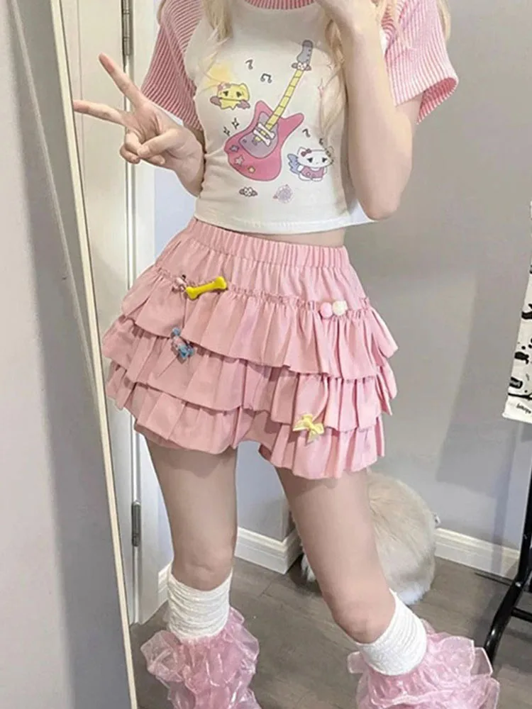 

Мини-юбка Y2K, женские юбки трапециевидной формы с бантом, Harajuku, японская розовая, белая бальная юбка с высокой талией