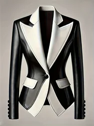 Formal Colorblock Blazer for Women Turn down Collar PU Leather Blazer Single Button Slim Outerwear Autumn Office Lady Short Coat