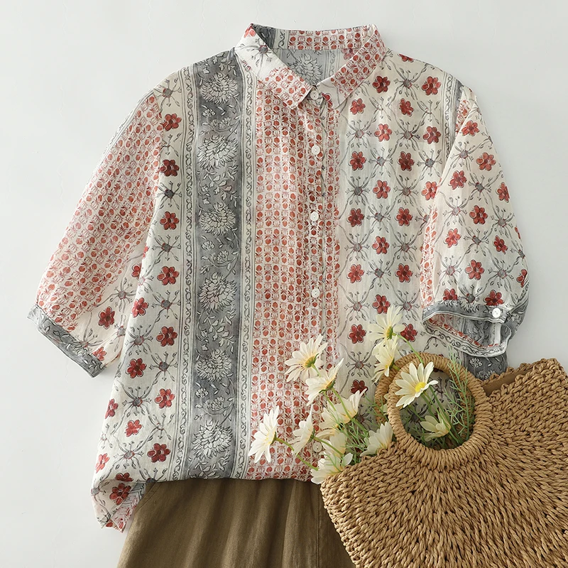 Lightly Colored Floral Print Half Sleeve Shirt Thin Summer Women's Top Short Sleeve French Style Loose Fit Cotton Polyester B...
