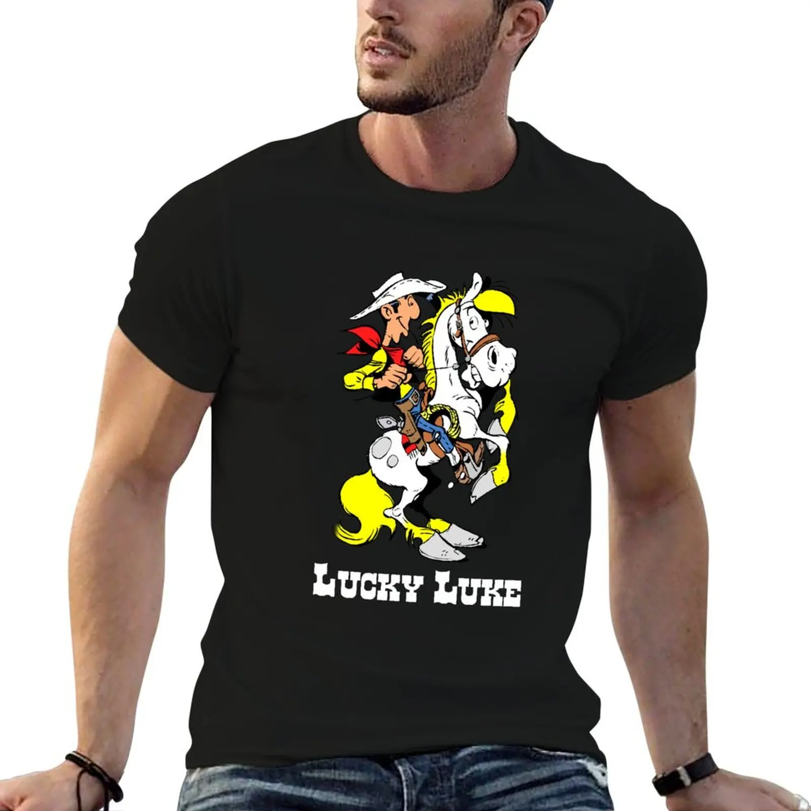 

Lúcky American Lúké Riding On Jolly Jumper T-Shirt baggy shirts vintage clothes heavy weight t shirts for men