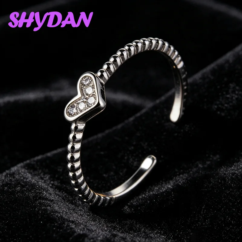 SHYDAN 925 Sterling Silver Small Heart Zircon Twisted Open Ring for Women Fashion Jewelry