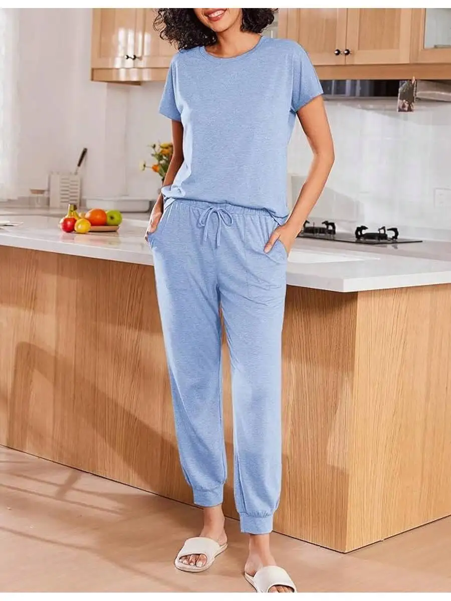 Womens Soft Pajama Set With Jogger Pants Short Sleeve Lounge Sleepwear With Pockets