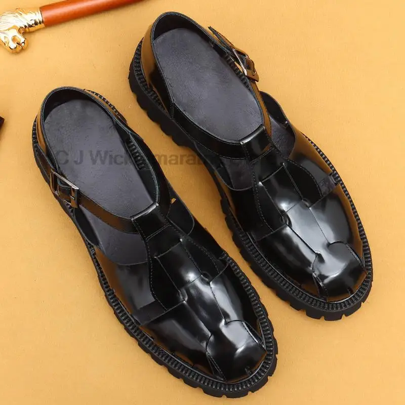 HKDQ Retro Roman Sandals Men's Summer Thick-soled Genuine Leather Business Casual Shoes Outer Wear Sandals