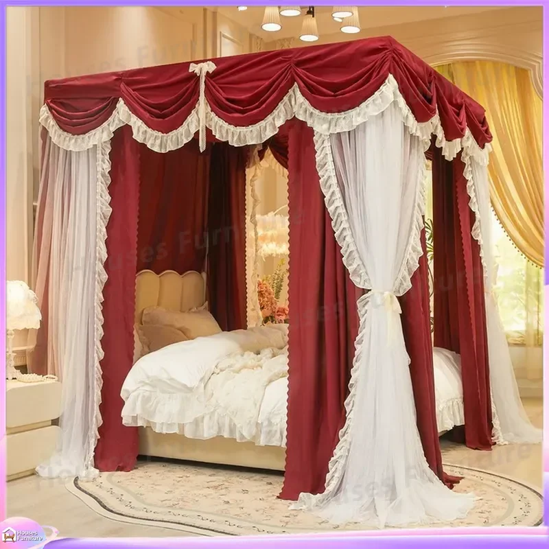 Double-layer French cloth curtain yarn, princess wind double-rod court floor-to-ceiling bed mantle, blackout mosquito net,