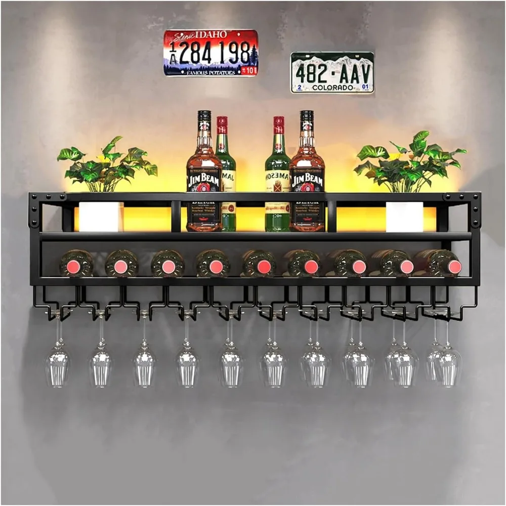 Pengfei estante de vino led montado en la pared, estante de vino de pared de metal industrial y soporte para copas, estantes flotantes grandes para almacenamiento de botellas de vino