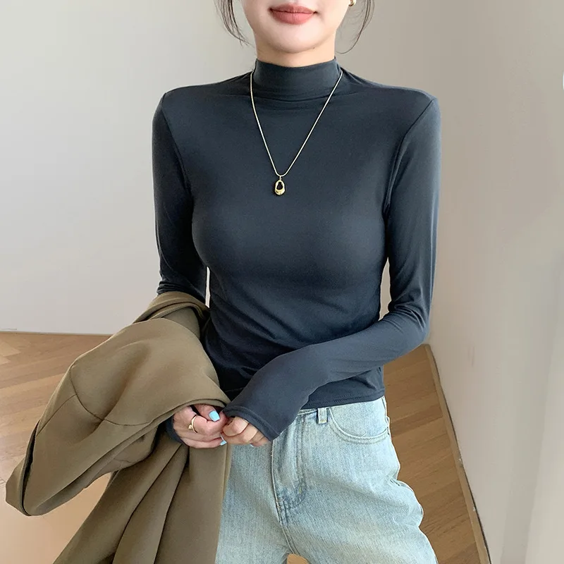 Modischer Herbst-Winter Damen Rollkragenpullover aus Fleece, Dehnbares Langarm-T-Shirt, Warmer Basis-Pullover, Unterzieh-Oberteil – Detail 8