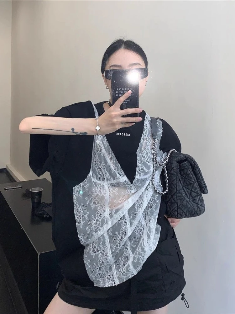 Lace Oversized Vintage Cut Out Sheer T-shirt 4XL New Women T-shirts Loose Short Sleeve Niche Design Fashion Y2k Top for Girls
