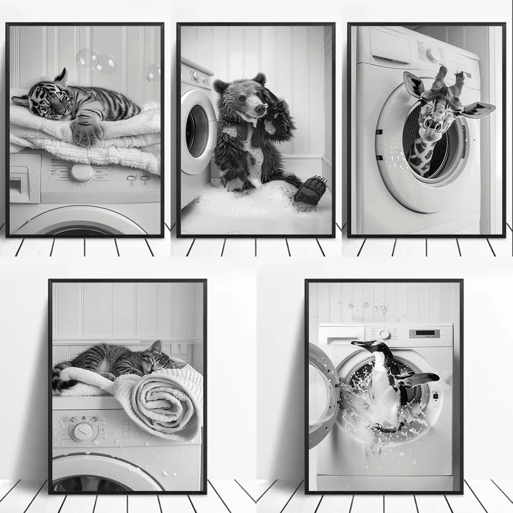 Cute Giraffe Penguin Tiger in Washing Machine Poster Laundry Room Decor Picture Funny Laundry Wall Art Utility Room Print Canvas