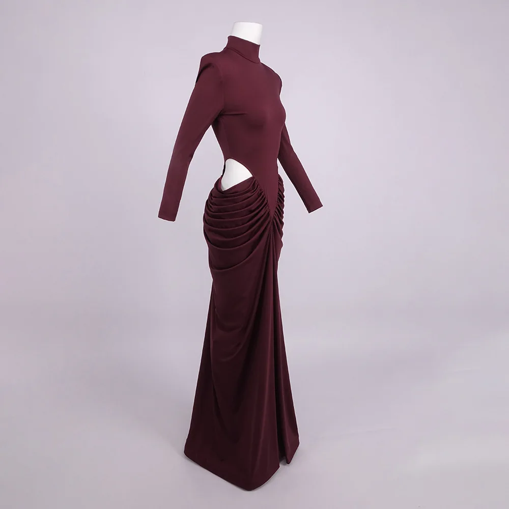 Elegante vestido largo fruncido de manga larga con cuello alto color burdeos, vestidos de sirena recortados sexys para fiesta de noche, evento formal de invitados de boda