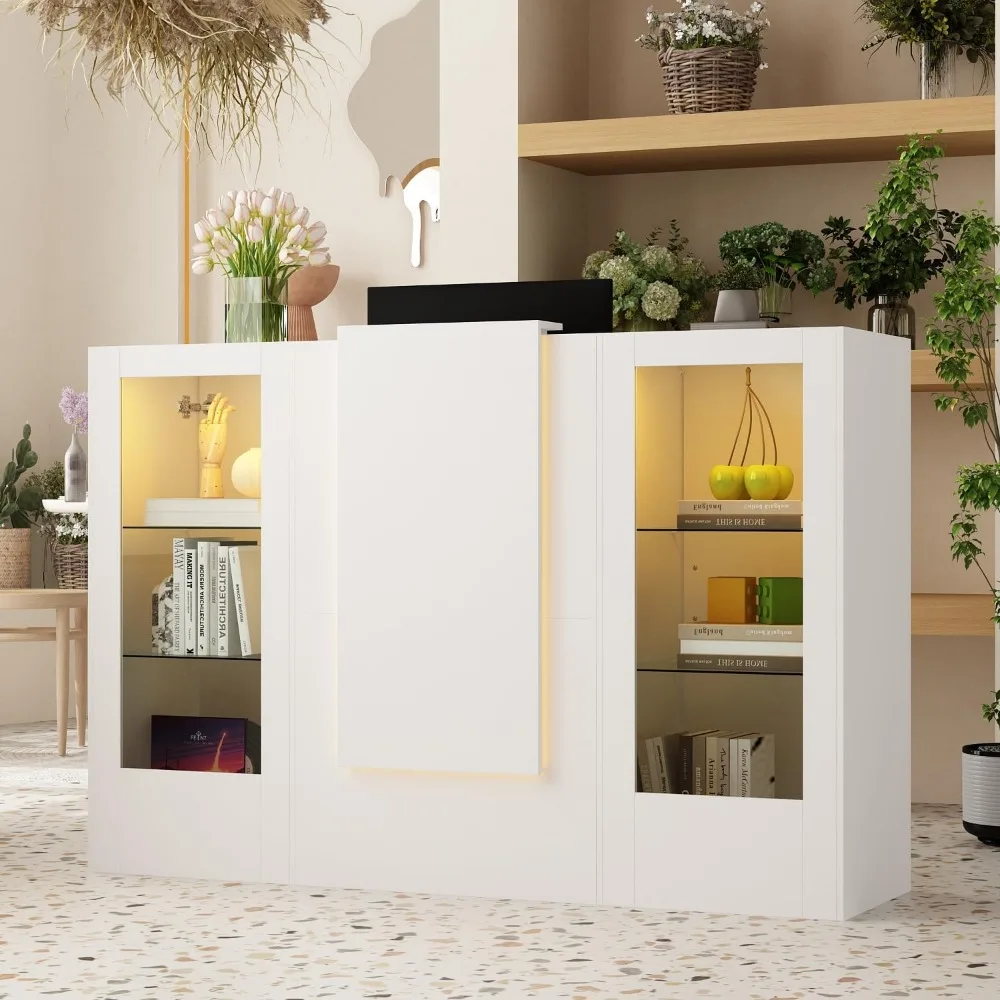 

Reception Desk with Lights, Front Counter Table with Glass Shelves, Keyboard Tray, Reception Table, Counter Desk for Checkout, R