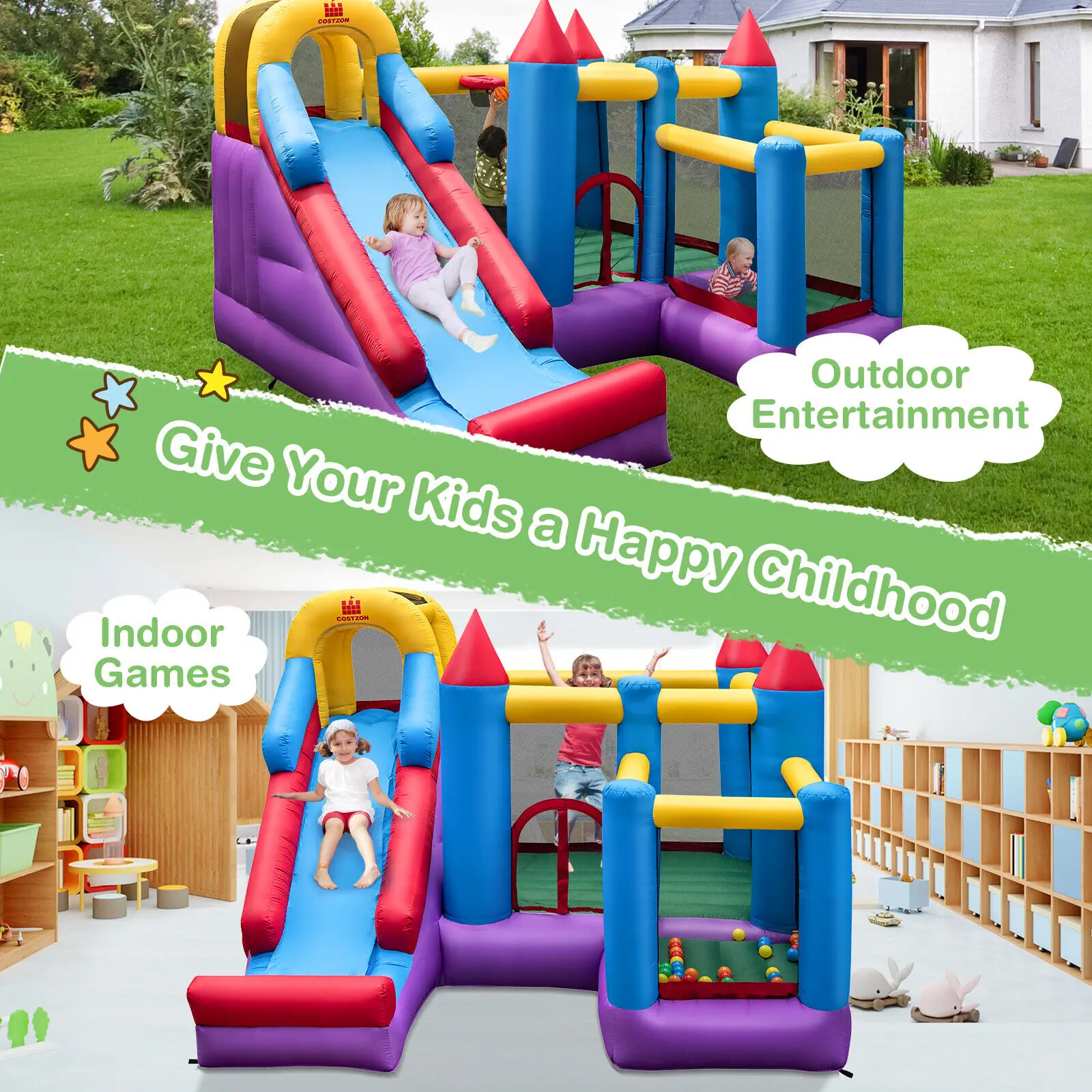 Babyjoy Inflatable Bounce House 5-in-1 Inflatable Bouncer Indoor&Outdoor w/ 735W Blower