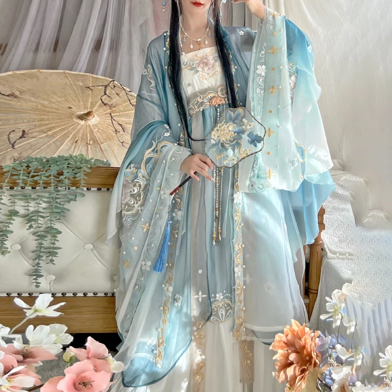 

Hanfu женское платье с градиентной синей цветочной вышивкой, традиционное китайское винтажное платье Hanfu, Женский карнавальный костюм