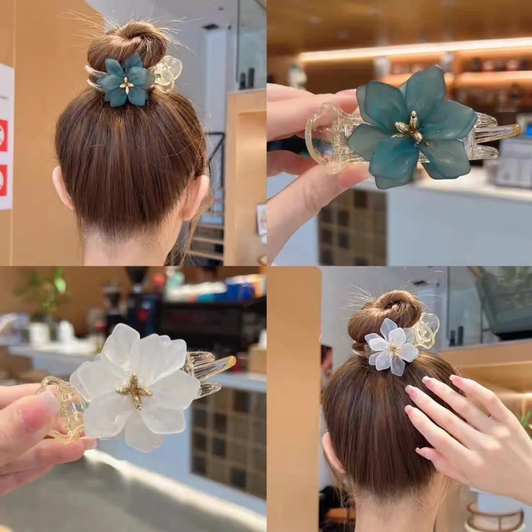 

Advanced Elegant Camellia Flower Bow Hair Claws Clip Spring clips Back Clip Hair Accessories for Women meatball head Styling