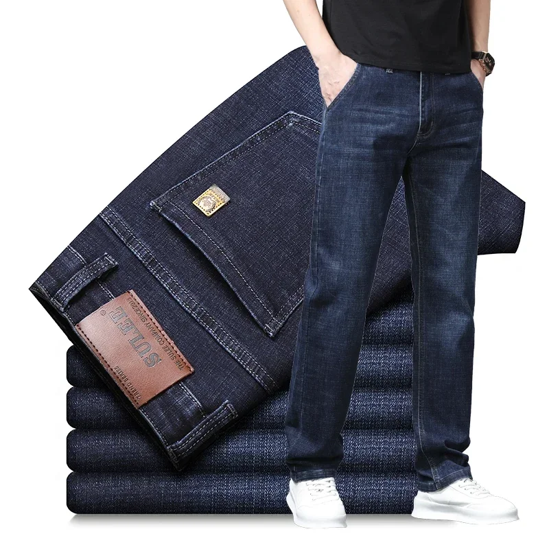 

Brand Men's Straight Jeans Thin Business Casual Classic Style Cotton Pants Breathable Fashion Denim Trousers Male Dark Blue
