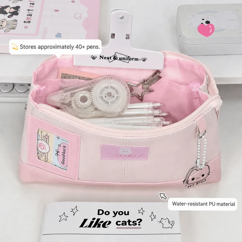 Kawaii PU Pencil Case Pink Large Capacity Pen Bag Rabbit Print with Photo Window Stationery Pouch Back To School
