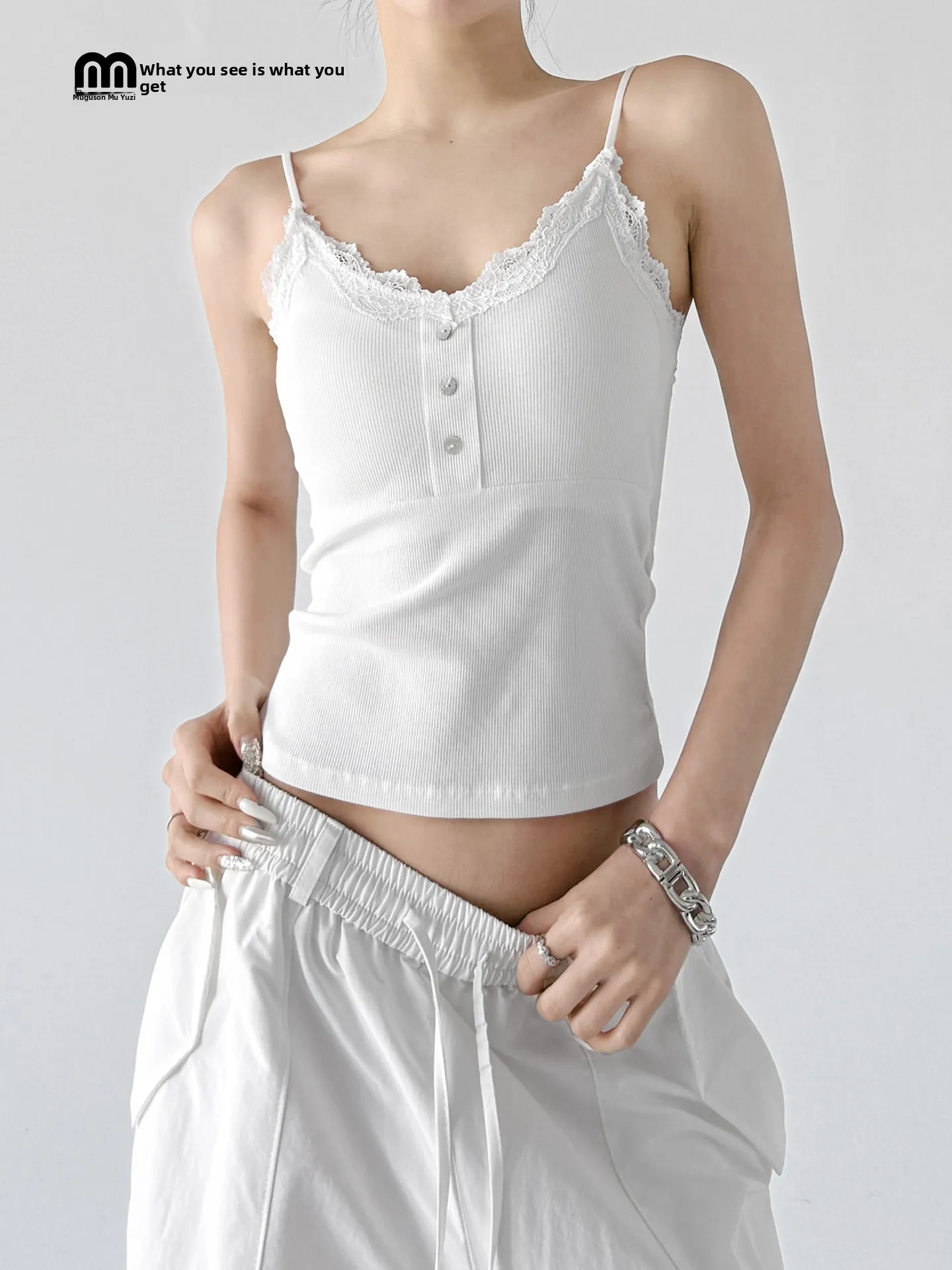 Lace Trim Camisole Women's 2026 Trendy Summer New Simple Match V-neck Short Top Slim Fit White Versatile Vest Shoulder Strap