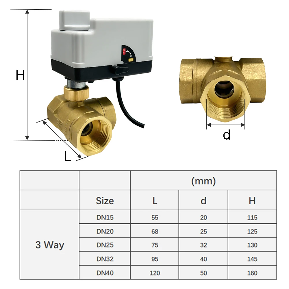 DN15-DN50 3-Wege-Motorisierter Kugelhahn aus Messing, 3-Draht, 2-Steuerung, elektrische Stellantriebe mit manuellem Schalter, 220 V, 12 V, 24 V – Detail 1