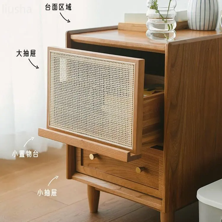 Mesita de noche de madera maciza nórdica, estilo japonés, mini casillero de ratán, cajón de dormitorio simple, armario de almacenamiento, sofá,