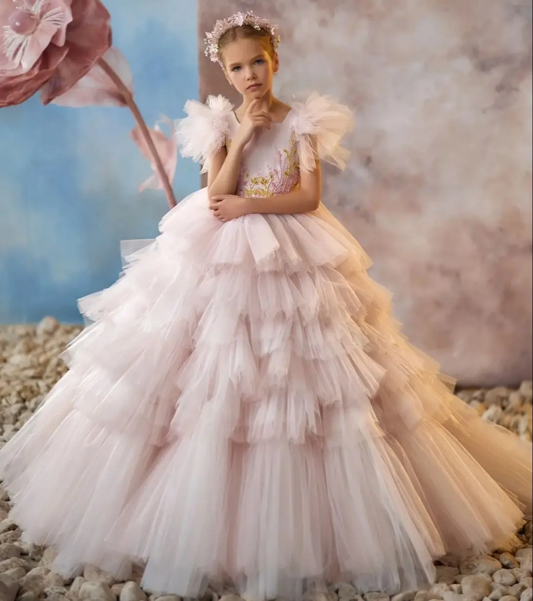 Robes de demoiselle d'honneur rose blush, en tulle, pour fête d'anniversaire de petite fille, robes de première communion pour enfants