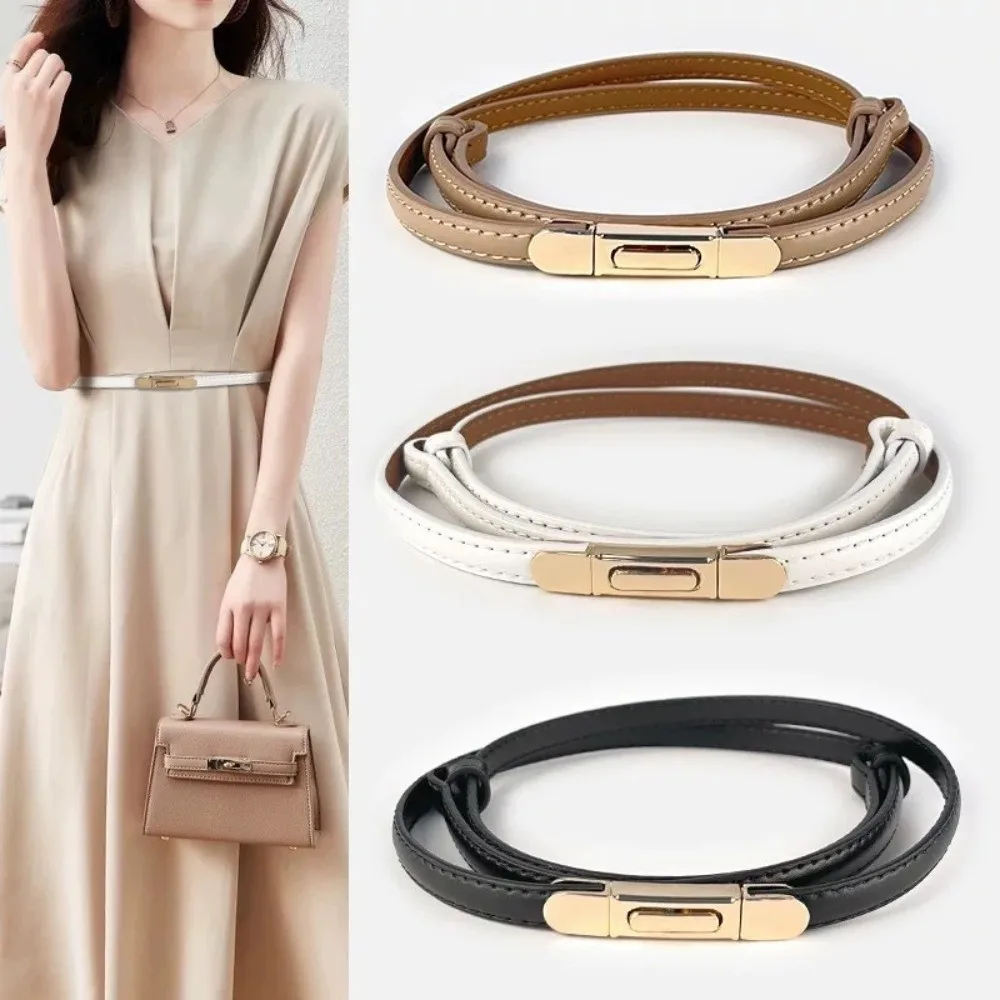 Luxury Ladies Slim Waist Belt Retro Spring Buckle Design Leather Belt Adjustable Length Skinny Belt