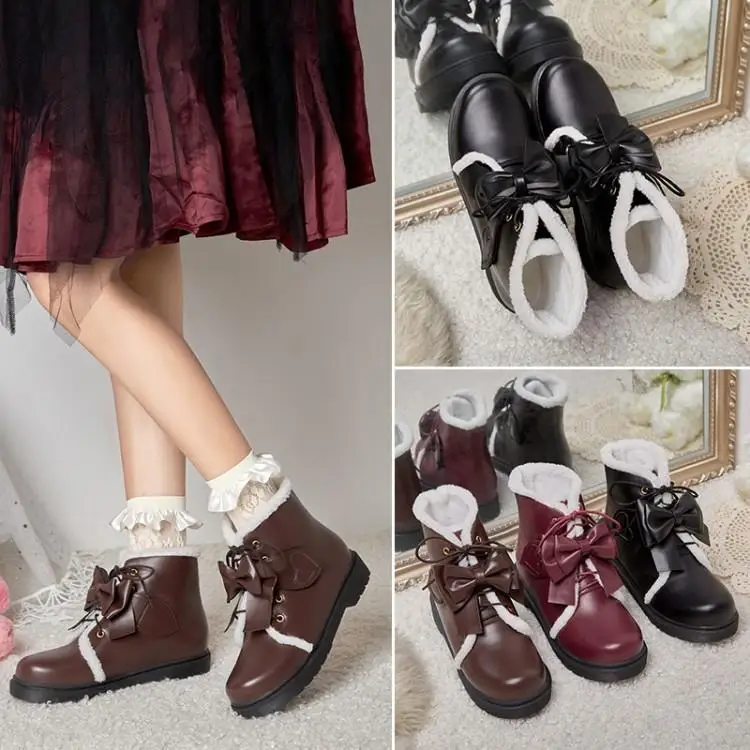 Lolita Platform Boots Cute Student Girl Shoes Round Head Bow Kawaii Jk Uniform Snow Boot