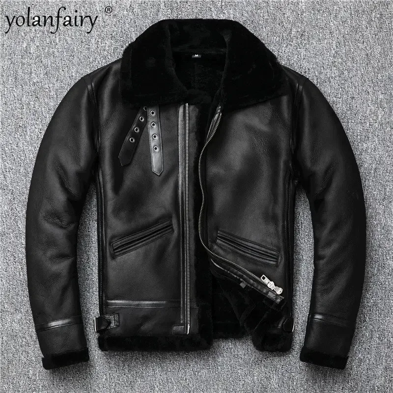 YOLANFAIRY Genuine Leather and Fur Integrated Lamb Fur Coat Men's Leather Jacket Men Vintage Winter Warm Clothes Veste Homme FCY