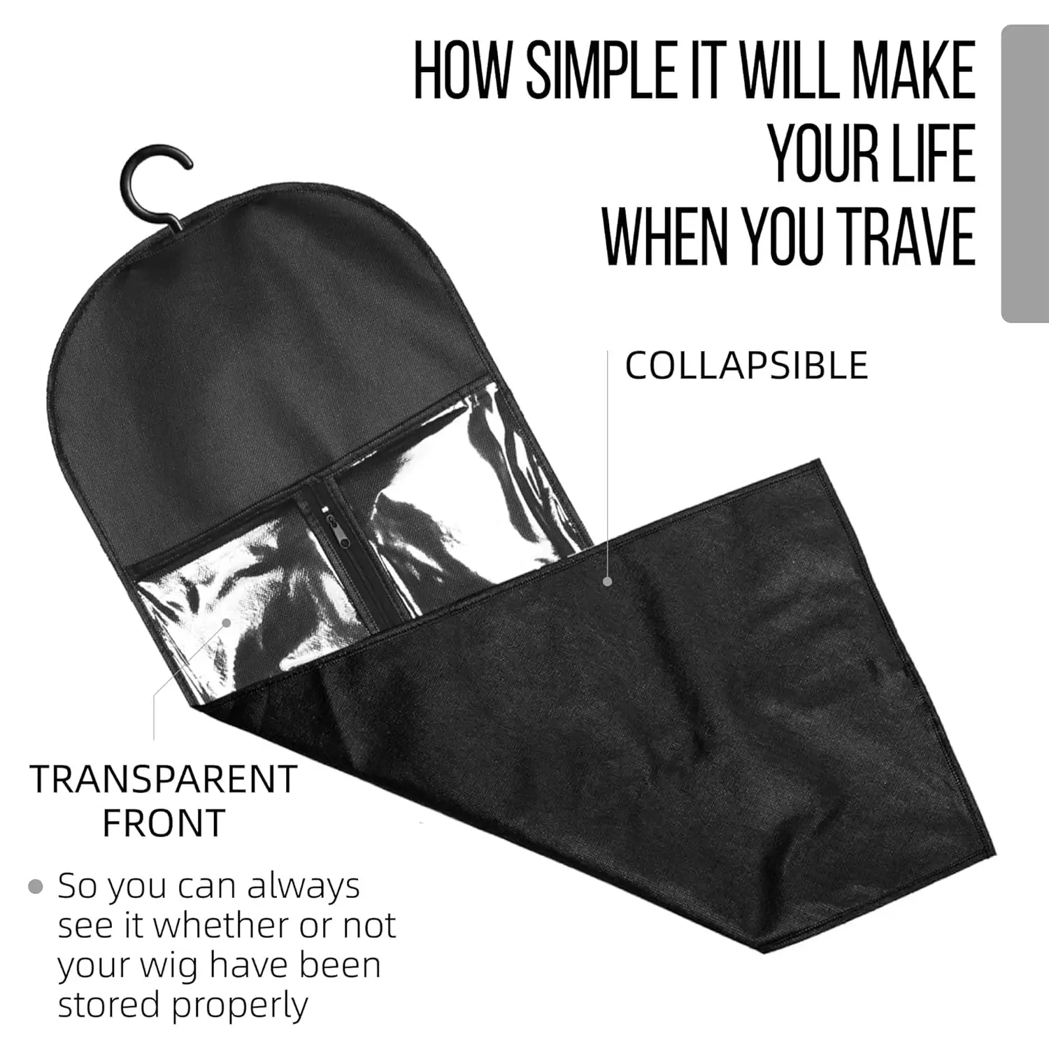 2-Pack Wig Storage Bags with Transparent Window and 2 Hooks - Durable Zippered Hair Extension Holders