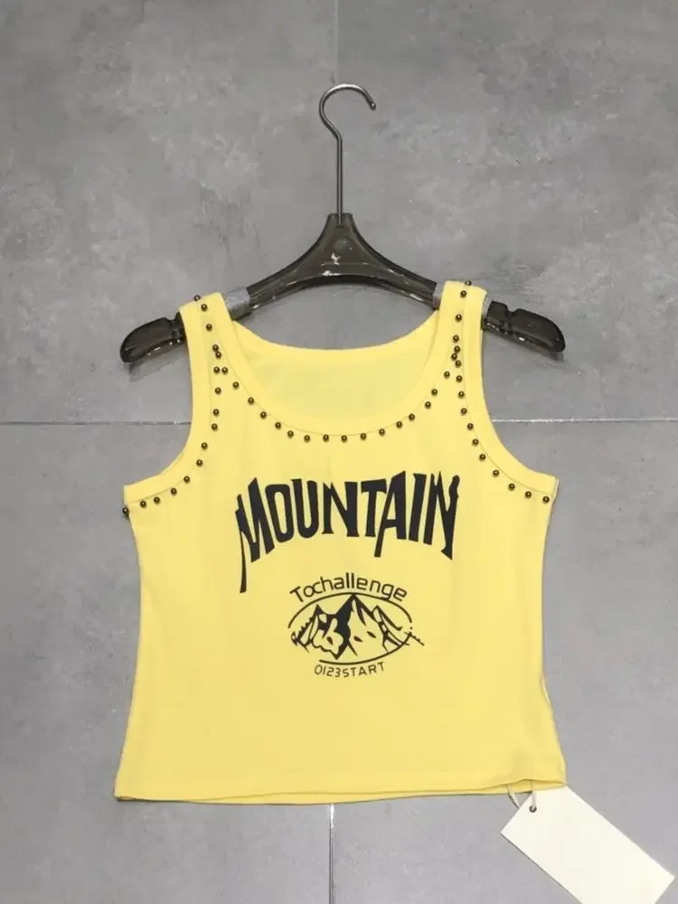 American Retro Rivet U-neck Knitted Vest Women Design Sense Letter Printing Inside Short Sleeveless Top Summer