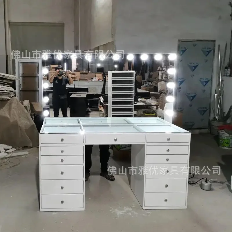 

Foreign beauty salon dressing table with LED lamp table single-sided wooden barber shop hair mirror table salon beauty mirror