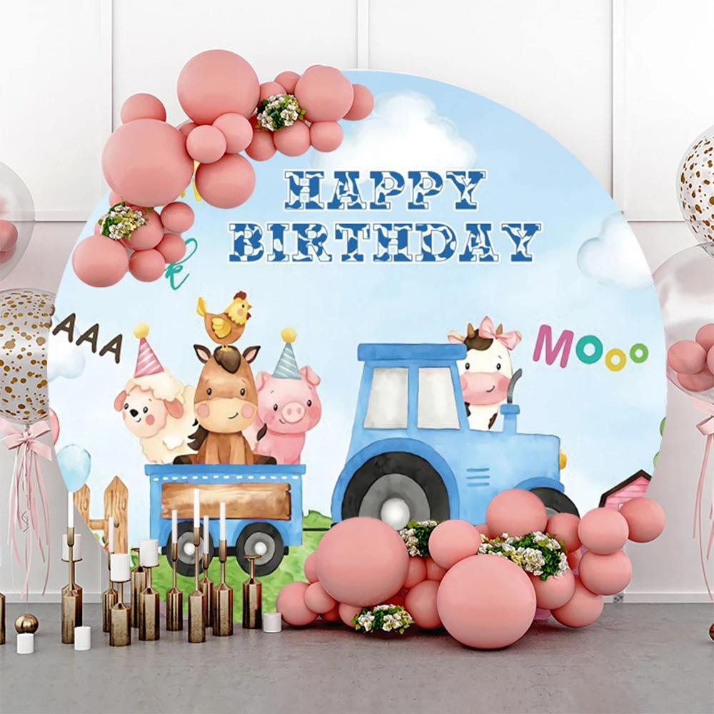 Farm Animals Round Photography Backdrop Cover Barn Tractor Baby Shower Birthday Party Custom Circle Photocall Background Decor