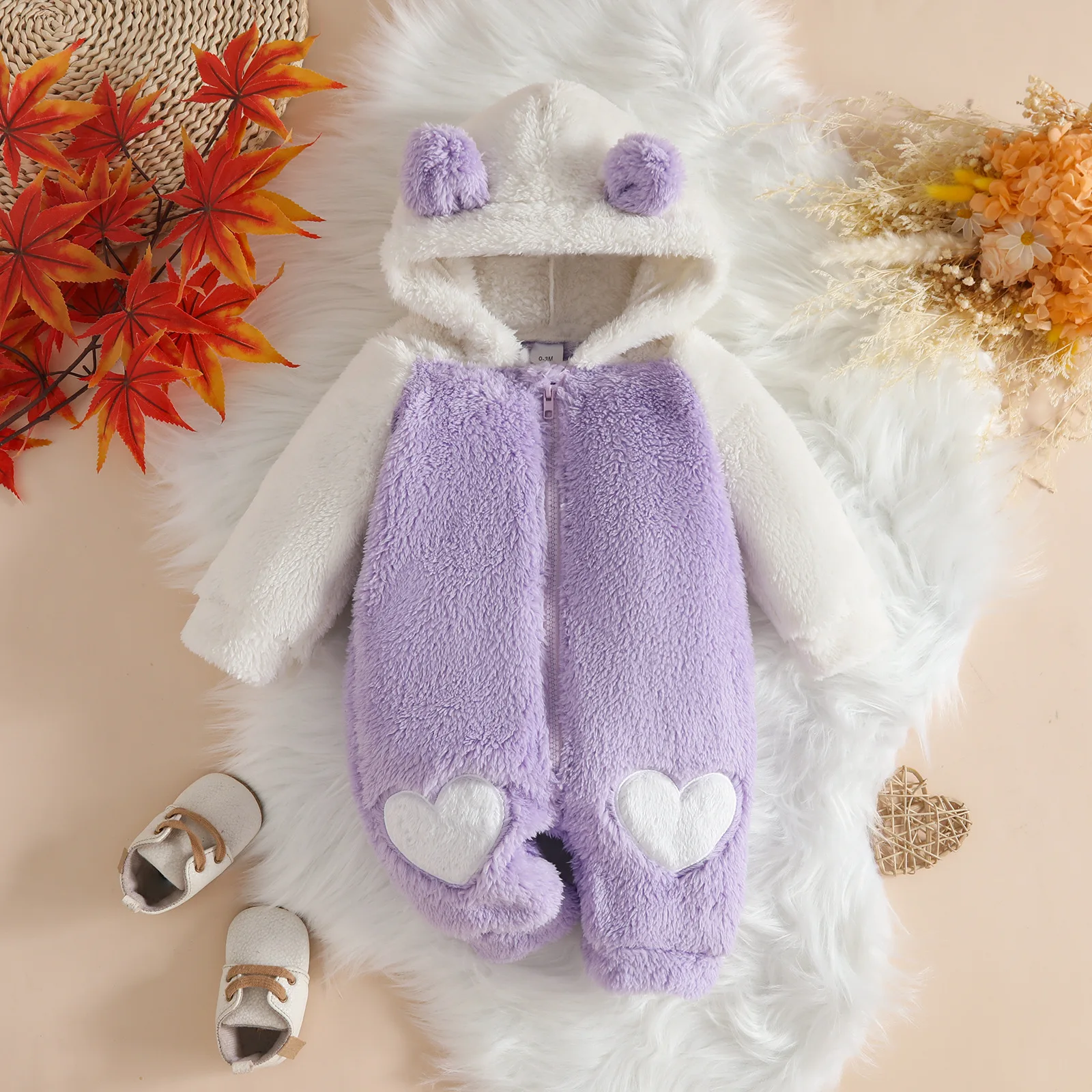 Newborn Autumn and Winter Fur Hooded Jumpsuit with Heart-Shaped Embroidery Baby Girl Color Blocked Zipper Outerwear for Climbing